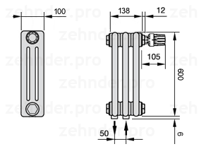 Схема (чертеж) Радиатор Zehnder Charleston 3060/3 №V008 Белый глянцевый RAL 9016
